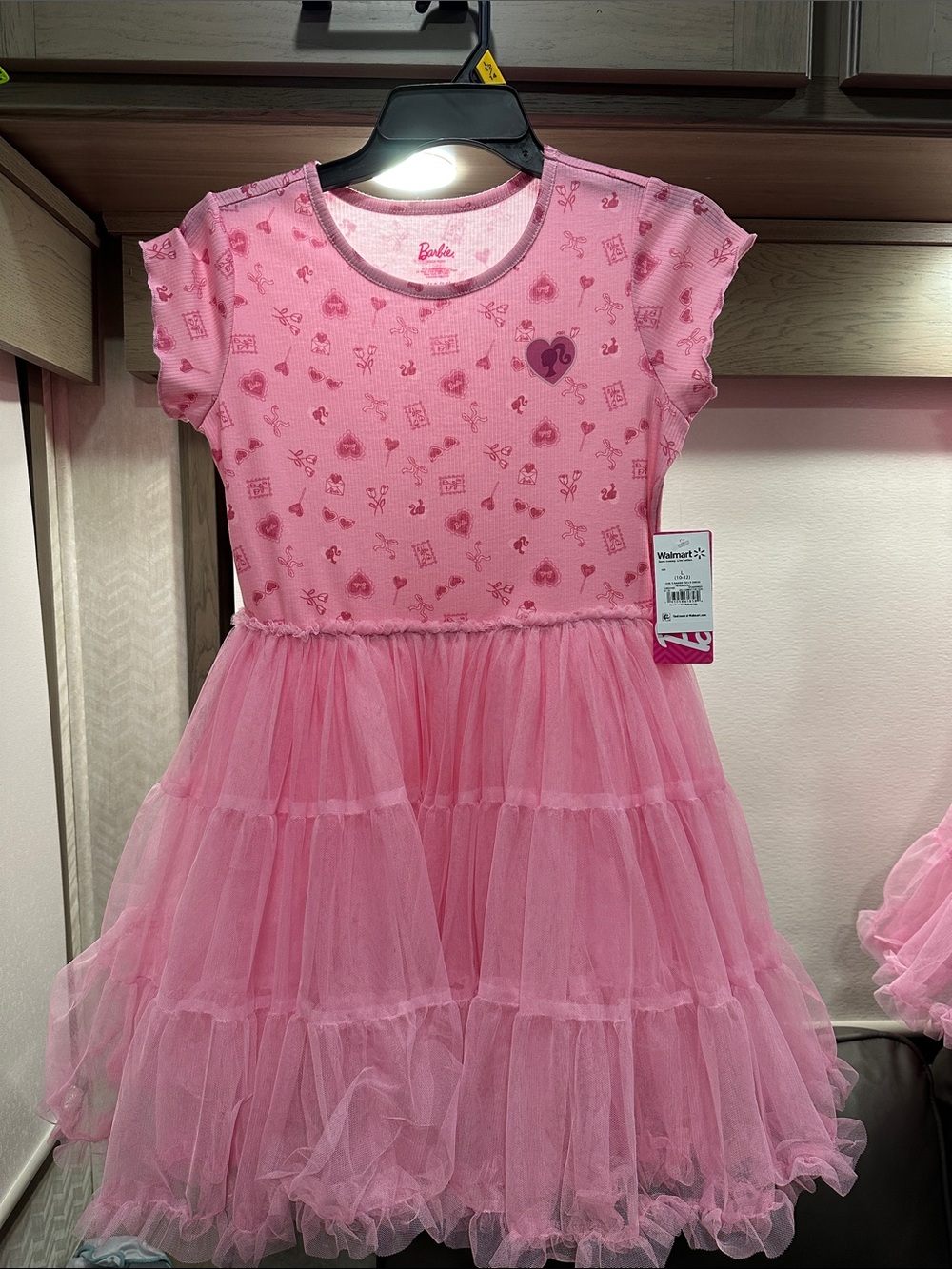 Barbie Pink Tiered Tulle Dress with Printed Bodice Girs-Large 10/12